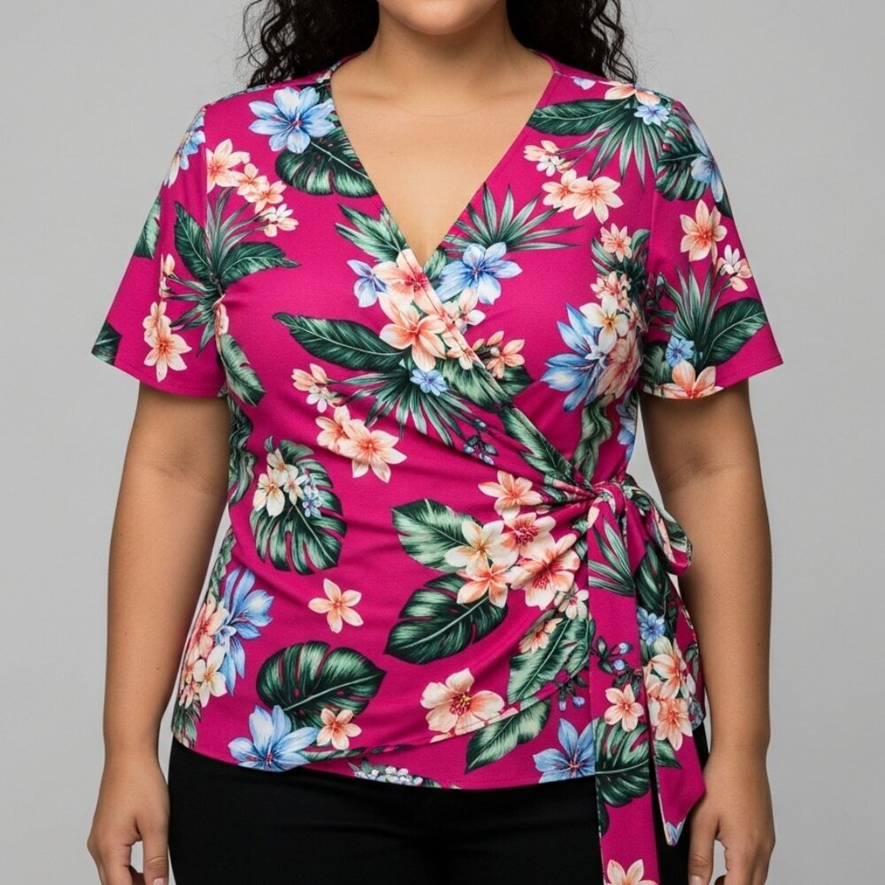 JM Collection  Tunic Top Tie Wrap Berry Pink Floral Stretch. 2x